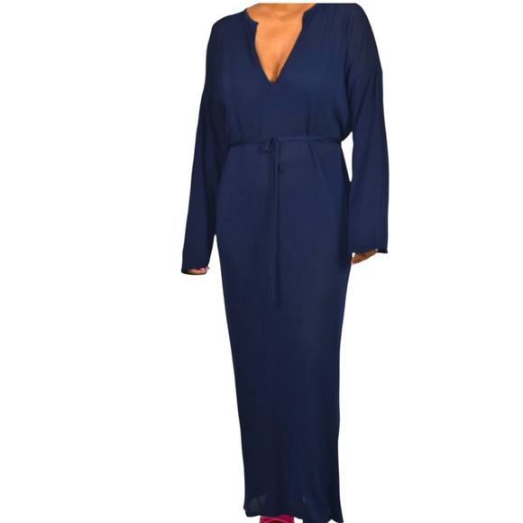 Zara Knit Maxi Dress Blue Sheer V Neck Oversized Belt Caftan Long Viscose Medium - Picture 11 of 14